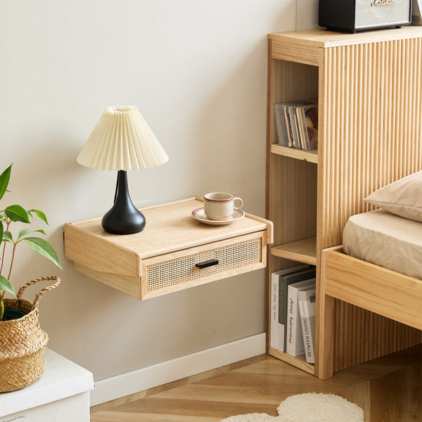 PITEA - Comodino a parete in legno e rattan naturale