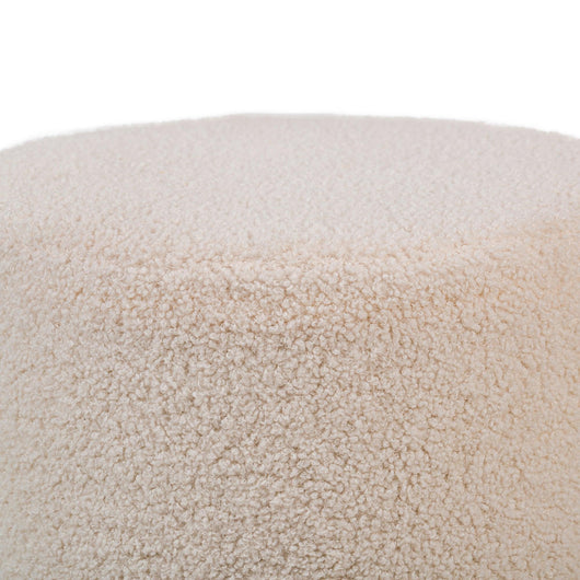 Pouf con riccioli bianchi e base in legno