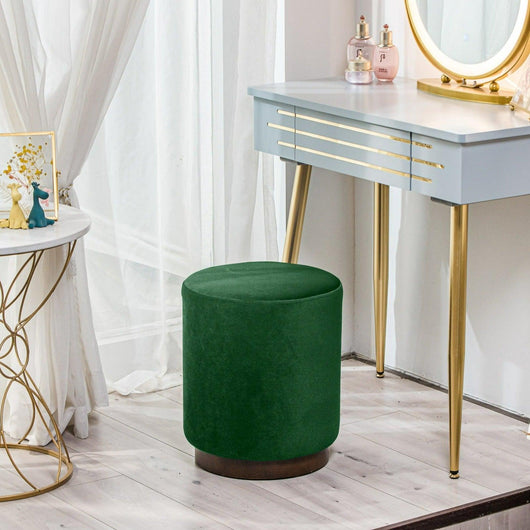 Pouf in velluto verde con base in legno