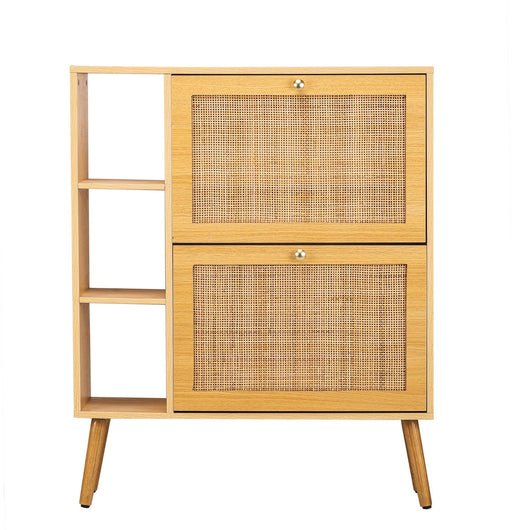 Scarpiera a 2 cassetti in legno e rattan