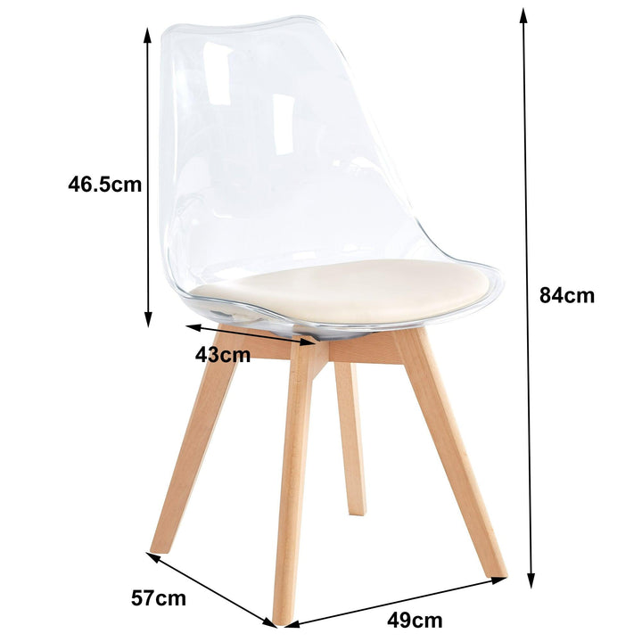 Set di 4 sedie trasparenti con gambe in legno e seduta beige