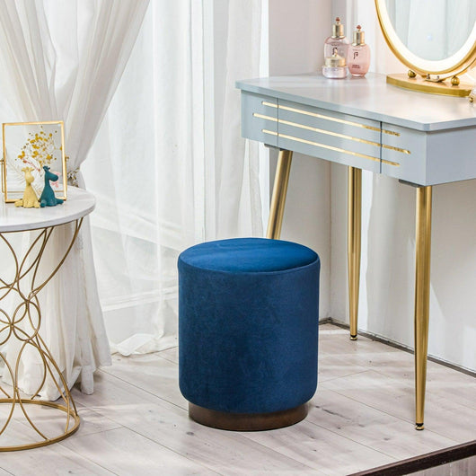 Pouf in velluto blu con base in legno